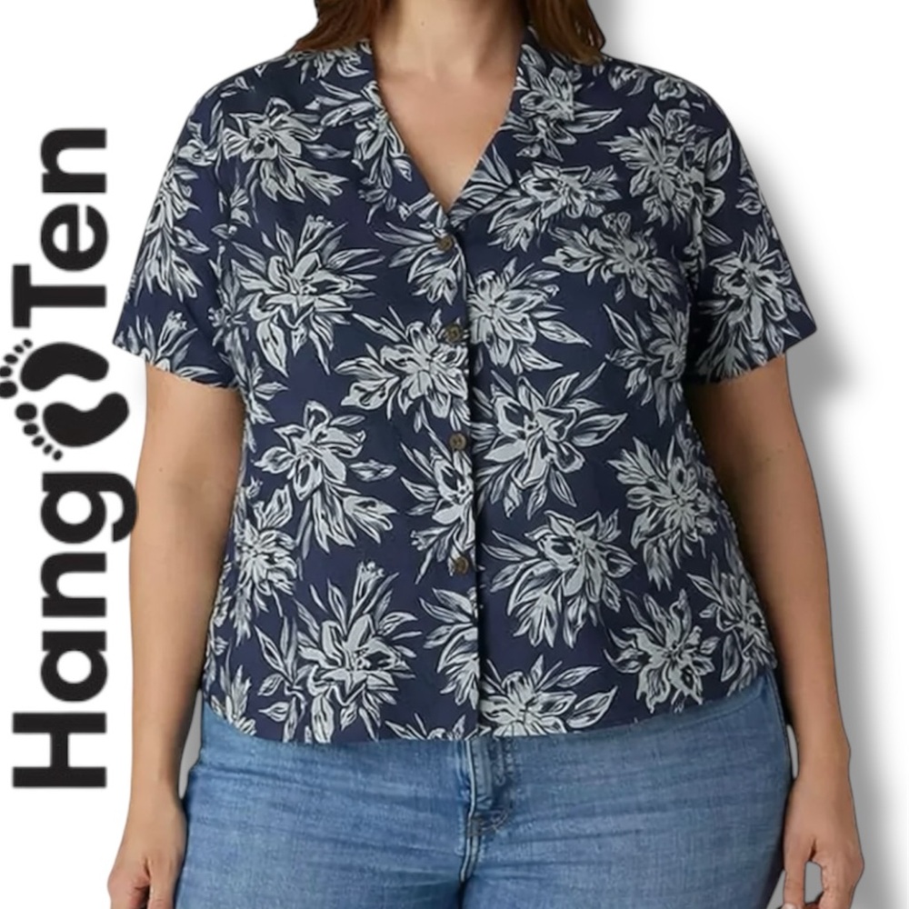 Hang Ten Button Up Top Short Sleeve Linen Blend WOMENS SIze XXL